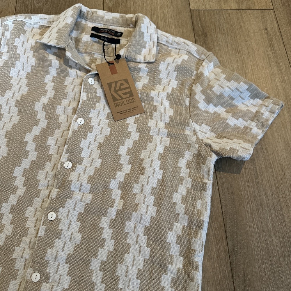 INDICODE Men's Size Small Cotton Blend Outdoor‎ Casual Camp Geometric Beige NEW